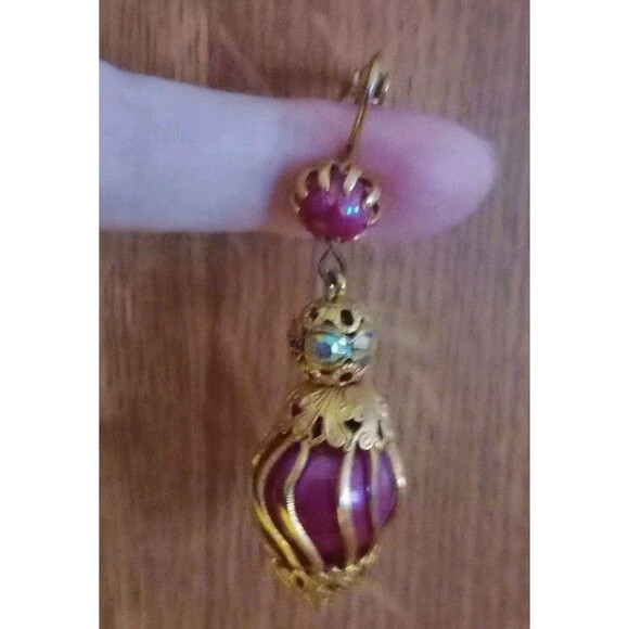 Vintage Victorian Style Maroon & Gold Dangle Clip-On Earrings Women Boho GUC - Picture 4 of 4